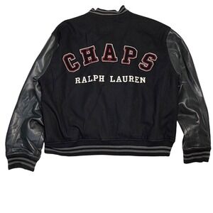 Chaps Ralph Lauren Black Wool Leather Varsity Jacket 2XL‎ Y2K Mobster Preppy